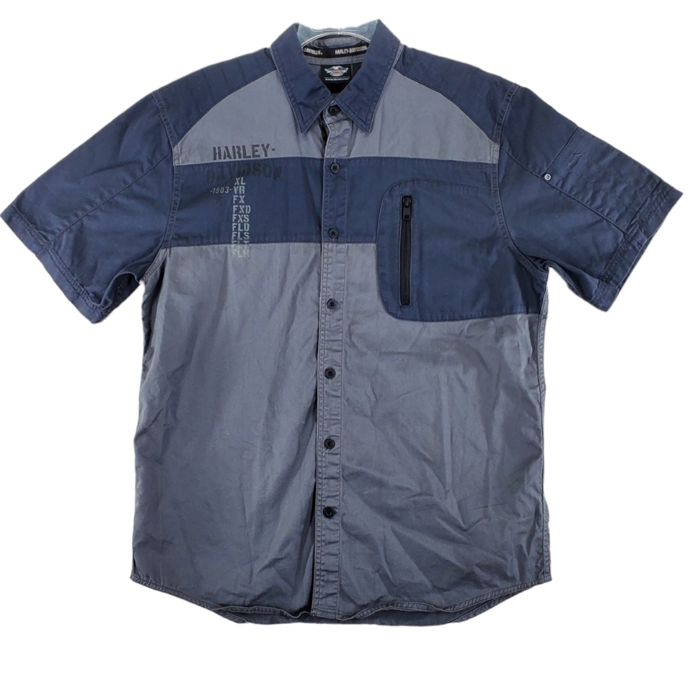 Harley Mechanics Shirt Men L Gray Black 2-Sided Graphics SS Button Up Zip Pocket